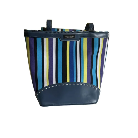 Women's Kate Spade Striped Canvas Tote Bag Blue/Yellow - Picture 1 of 4
